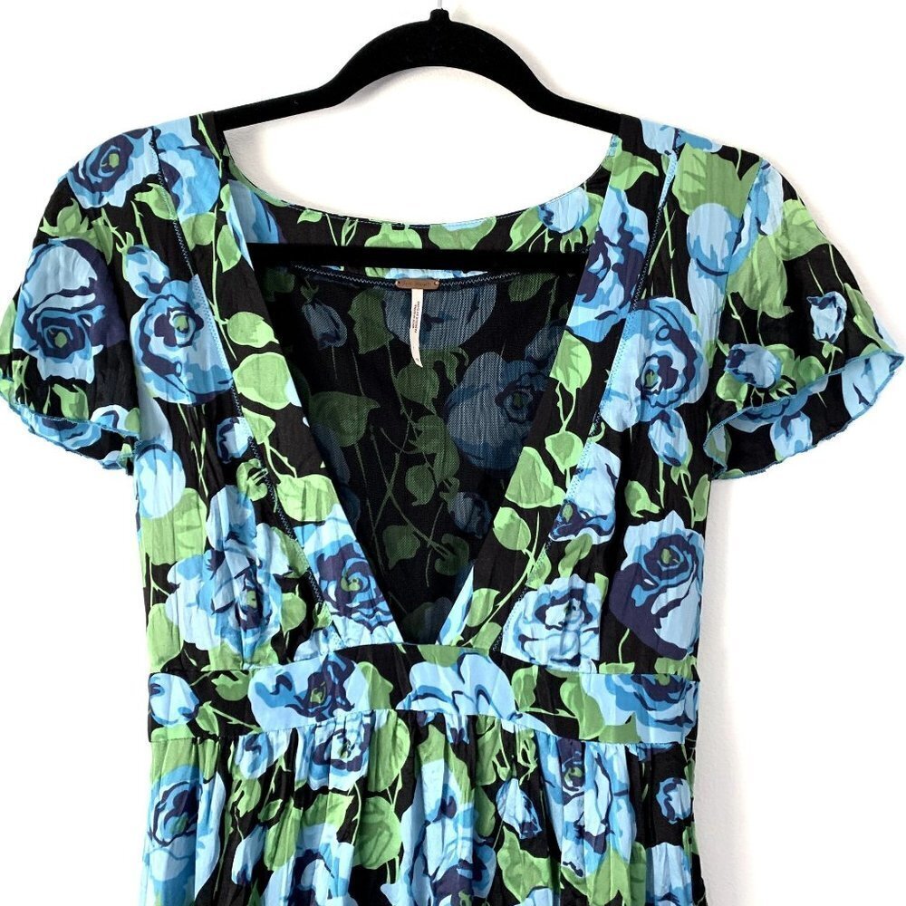 Free People Size 12 Floral Silk Flare Tulle Midi Dress Tie Back V-Neck - Picture 4 of 9
